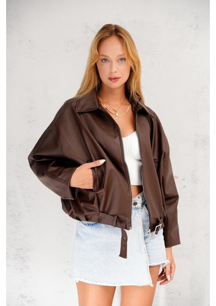 Oversize Bomber Kemerli Fermuarlı Deri Ceket fırsatları