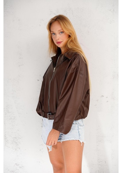 Oversize Bomber Kemerli Fermuarlı Deri Ceket indirimleri