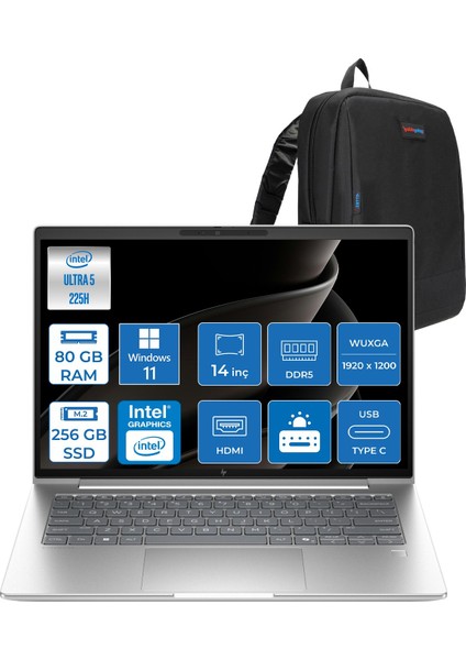 Elitebook 6 G1I Intel® Core Ultra 5 225H 80GB Ddr5 256GB SSD 14" Wuxga (1920 x 1200), IPS 300NITS WIN11HOME Taşınabilir Bilgisayar B93W3AWH21+ZETTAÇANTA