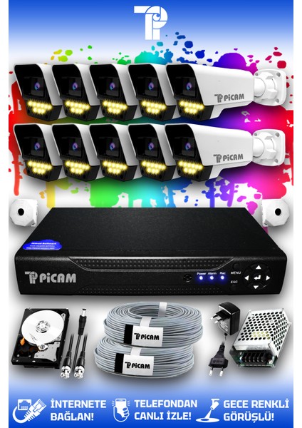 10 Kameralı Süper 10 Dış Kamera Set 500 GB 5 MP Full HD Renkli Gece Görüşlü Güvenlik Kamerası Sistemi