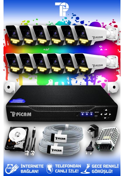 12 Kameralı Süper 12 Dış Kamera Set 500 GB 5 MP Full HD Renkli Gece Görüşlü Güvenlik Kamerası Sistemi