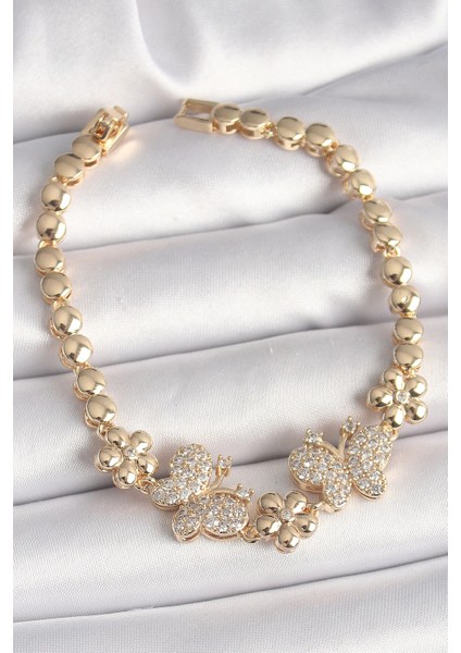 Pirinç Gold Renk Zirkon Taşlı Kelebek Figür Çiçek Zincir Model Kadın Bileklik