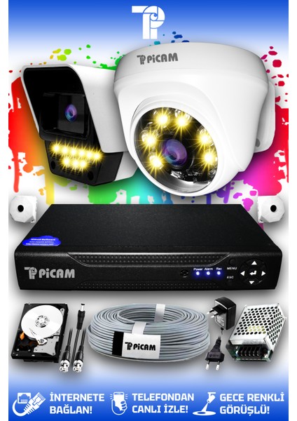 2 Kameralı Süper 1 İç Kamera Set 2 TB 5 MP Full HD Renkli Gece Görüşlü Güvenlik Kamerası Sistemi