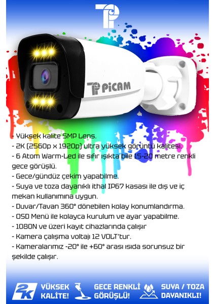 3 Kameralı Ultra 2 İç Kamera Set HDD'siz 5 MP 2K Net Renkli Gece Görüşlü Güvenlik Kamerası Sistemi