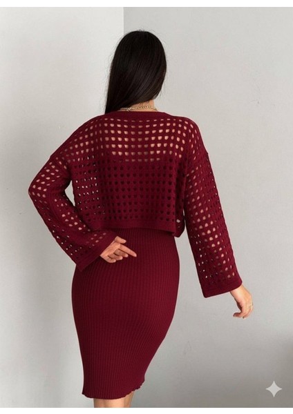 Miracotton Kadın Uzun Kollu Delikli Kazak Askılı Elbise Triko Ikili Takım indirimleri