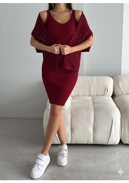 Miracotton Kadın Uzun Kollu Delikli Kazak Askılı Elbise Triko Ikili Takım