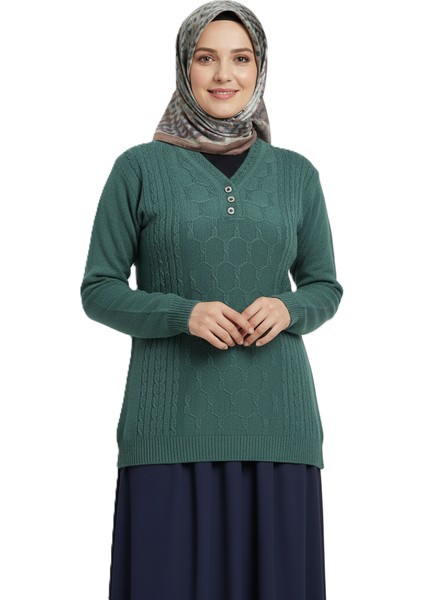 Kadın Kışlık Triko Kazak Kardelen Örme V Yaka Yumuşacık Rahat Tam Kalıp