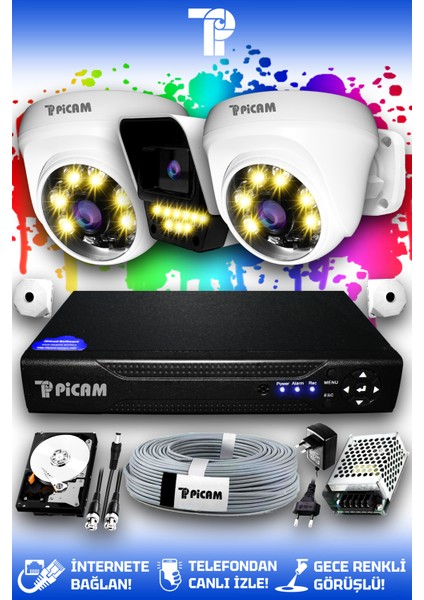 3 Kameralı Ultra 2 İç Kamera Set 100 GB 5 MP 2K Net Renkli Gece Görüşlü Güvenlik Kamerası Sistemi indirimleri