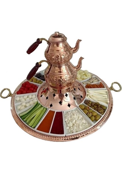 Bakır Kahvaltı Seti Çaydanlık Tepsi Porselen Dahil Kahvaltılık Bakır Işlemeli Çaydanlık Jelli