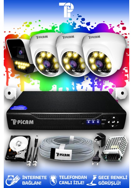 4 Kameralı Ultra 3 İç Kamera Set 250 GB 5 MP 2K Net Renkli Gece Görüşlü Güvenlik Kamerası Sistemi indirimleri