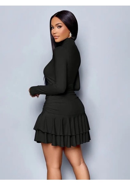 Aknbutik Kadın Uzun Kollu Balıkçı Yaka Mini Fırfırlı Sandy Elbise indirimleri