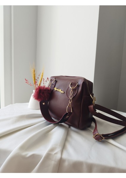 Mini Model Puf Charm Detaylı Deri Bordo Kadın El, Omuz, Çapraz Çanta
