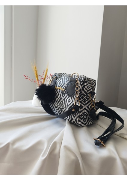 Mini Model Puf Charm Detaylı Siyah - Beyaz Kahve Kadın El, Omuz, Çapraz Çanta modelleri