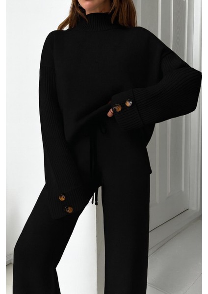 Yeni Ürün Dik Yaka Düğme Detaylı Oversize Kazak-Pantolon Triko Alt Üst Takım 0034