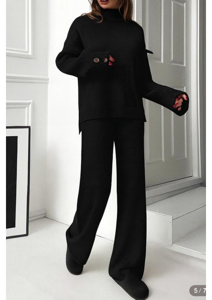 Yeni Ürün Dik Yaka Düğme Detaylı Oversize Kazak-Pantolon Triko Alt Üst Takım 0034 fiyatları