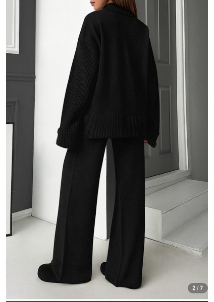 Yeni Ürün Dik Yaka Düğme Detaylı Oversize Kazak-Pantolon Triko Alt Üst Takım 0034 modelleri