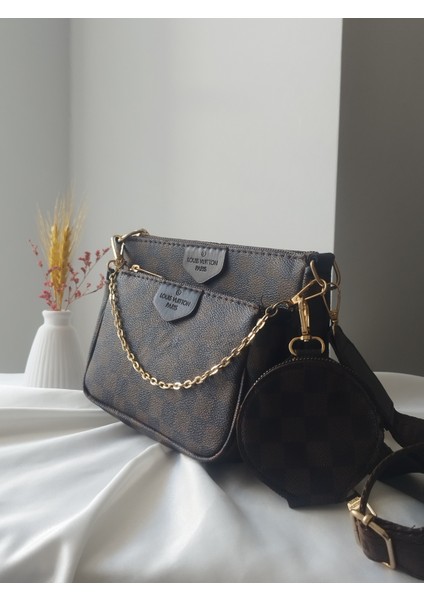 3'lü Model Damalı Desen Deri Kadın El, Omuz, Çapraz Çanta modelleri