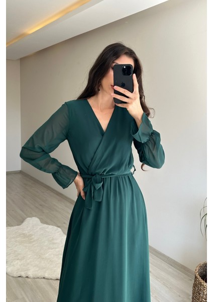 Kadın Uzun Kollu Kuşaklı Maxi Şifon Elbise NM001