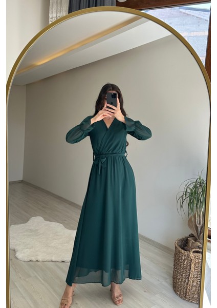 Kadın Uzun Kollu Kuşaklı Maxi Şifon Elbise NM001 modelleri