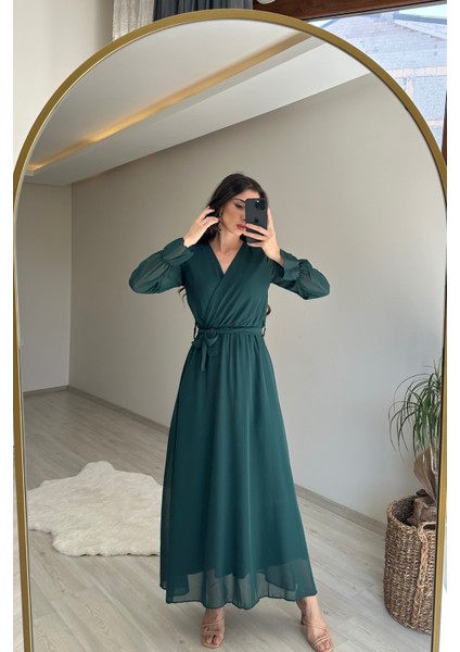 Kadın Uzun Kollu Kuşaklı Maxi Şifon Elbise NM001 fırsatları