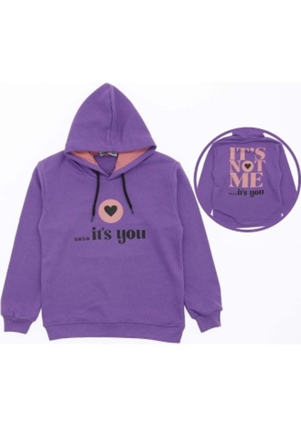 Kız Its Not Me Çift Baskı Kapşonlu Lila Sweatshirt Çocuk