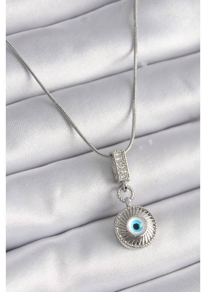 316L Çelik Gümüş Renk Zirkon Taşlı Nazar Boncuk Model Kadın Kolye
