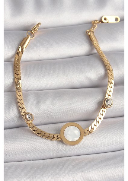 316L Çelik Gold Renk Yassı Zincir Model Zirkon Taş Detaylı Beyaz Mineli Madalyon Model Kadın Bileklik