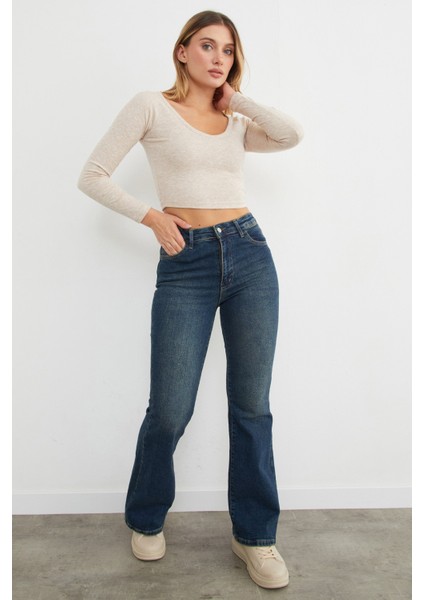 V Yaka Uzun Kol Crop Bluz fiyatları