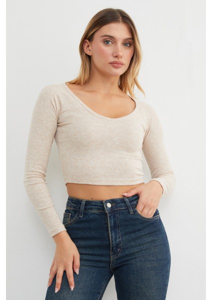 V Yaka Uzun Kol Crop Bluz modelleri