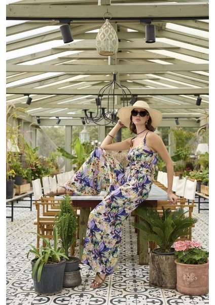 Monamise Çiçek ve Yaprak Desenli Ip Askılı Tulum