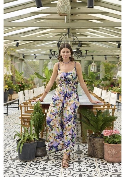 Monamise Çiçek ve Yaprak Desenli Ip Askılı Tulum
