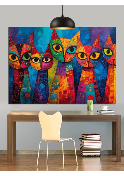 Renkli Soyut Kediler Dekoratif Kanvas - Mdf Ahşap Tablo