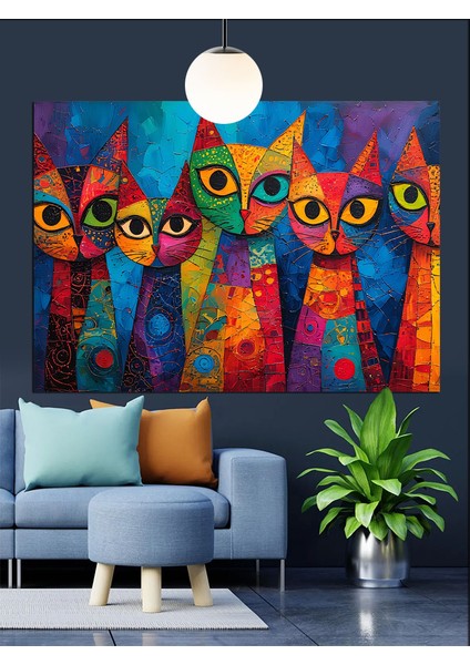 Renkli Soyut Kediler Dekoratif Kanvas - Mdf Ahşap Tablo fiyatları
