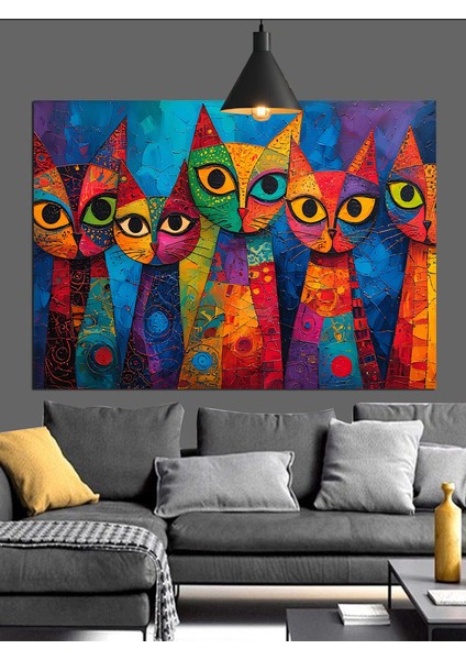 Renkli Soyut Kediler Dekoratif Kanvas - Mdf Ahşap Tablo fırsatları