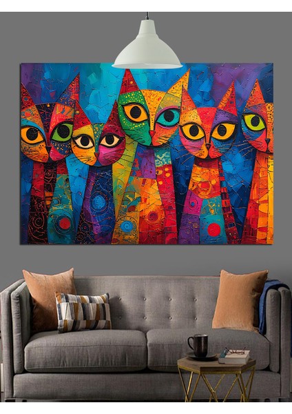 Renkli Soyut Kediler Dekoratif Kanvas - Mdf Ahşap Tablo indirimleri