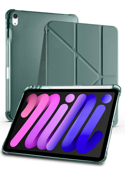 Apple iPad Mini 7 / iPad Mini 6 Uyumlu Pu Deri Uyku Modlu Kalem Bölmeli Arkası Yumuşak Silikon Kılıf