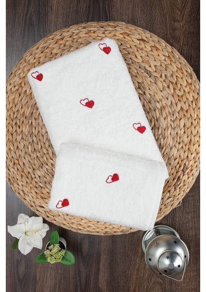 2'li Kalp Nakışlı Bambu Banyo Havlu Seti - Yumuşak & Şık - 2'li Çeyizlik Havlu Takımı - Tivoli