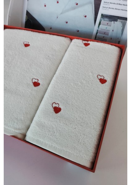 2'li Kalp Nakışlı Bambu Banyo Havlu Seti - Yumuşak & Şık - 2'li Çeyizlik Havlu Takımı - Tivoli fırsatları