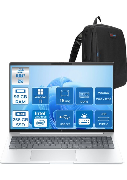 Elitebook 8 G1I Intel® Core Ultra 7 255U 96GB Ddr5 256GB SSD 16" Wuxga (1920X1200) IPS 300NIT WIN11HOME Taşınabilir Bilgisayar C9FG8ETH26+ZETTAÇANTA
