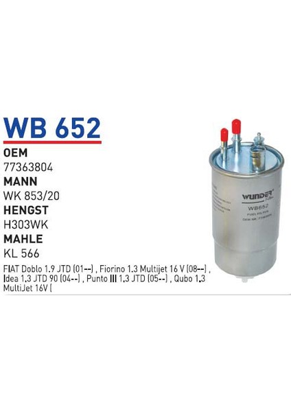WB652 Oem 77363804 Fiat Doblo 1.9 Jtd Otomobil Yakıt Filtre Dizel Fuel Filter Diesel