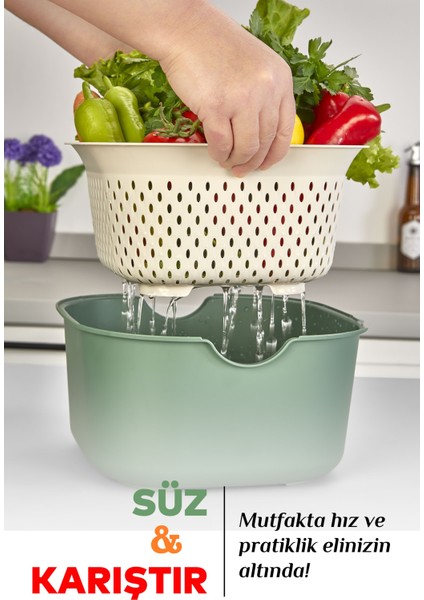 2 Parça Mutfak Hazırlık Badya Süzgeç Seti - Çok Amaçlı Karıştırma Kabı Kasesi Makarna Sebze Süzgeci
