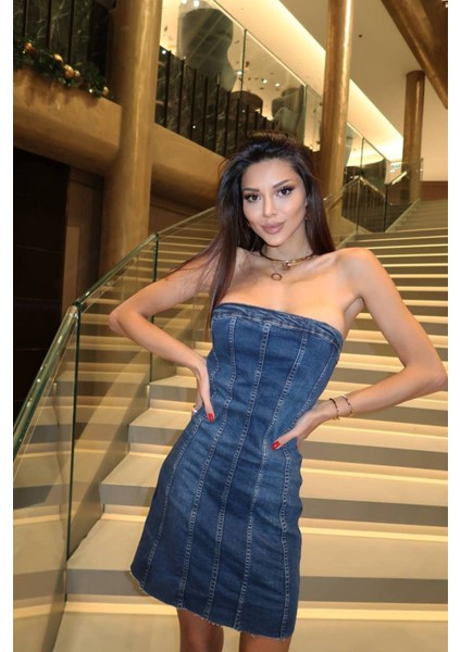 Arkadan Yırtmaçlı Fermuarlı Kalın Asklı Kot Elbise Denim Elbise modelleri