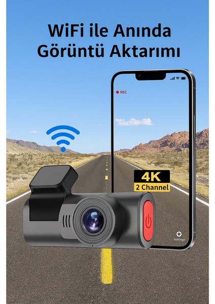 4K Wifi Özellikli Araç Kamerası 170 Derece Geniş Açı Gece Görüşlü Çift Kamera Seti fırsatları