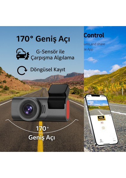 4K Wifi Özellikli Araç Kamerası 170 Derece Geniş Açı Gece Görüşlü Çift Kamera Seti