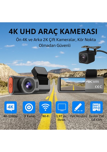 4K Wifi Özellikli Araç Kamerası 170 Derece Geniş Açı Gece Görüşlü Çift Kamera Seti