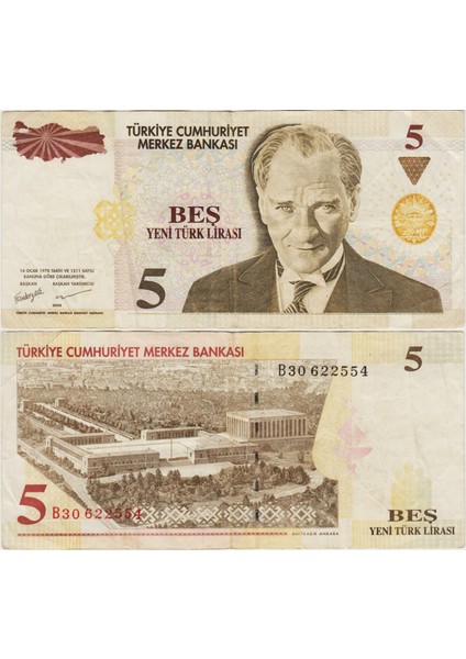 8. Emisyon 5 Ytl B30 Yeni Türk Lirası. Çok Temiz