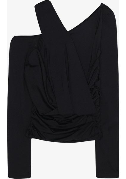 Drapeli Asimetrik Düğümlü Bluz Siyah