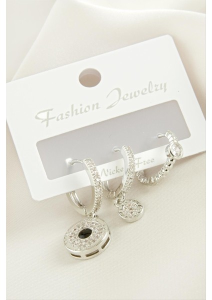 Wizard 3 Adet Yuvarlak Zirkon Taşlı Küpe-Gümüş Rengi fiyatları