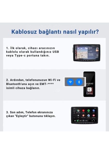 Araç Içi 2in1 Android Ve Apple Cihazlar Için Kablosuz CarPlay Ve Android Auto Adaptörü (EMT-001) fırsatları