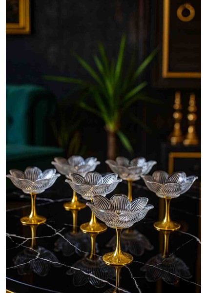Gold Ayaklı Cam Lotus Çiçeği Sunumluk – 6 Lı Şekerlik Lokumluk Kahve Yanı Ikramlık